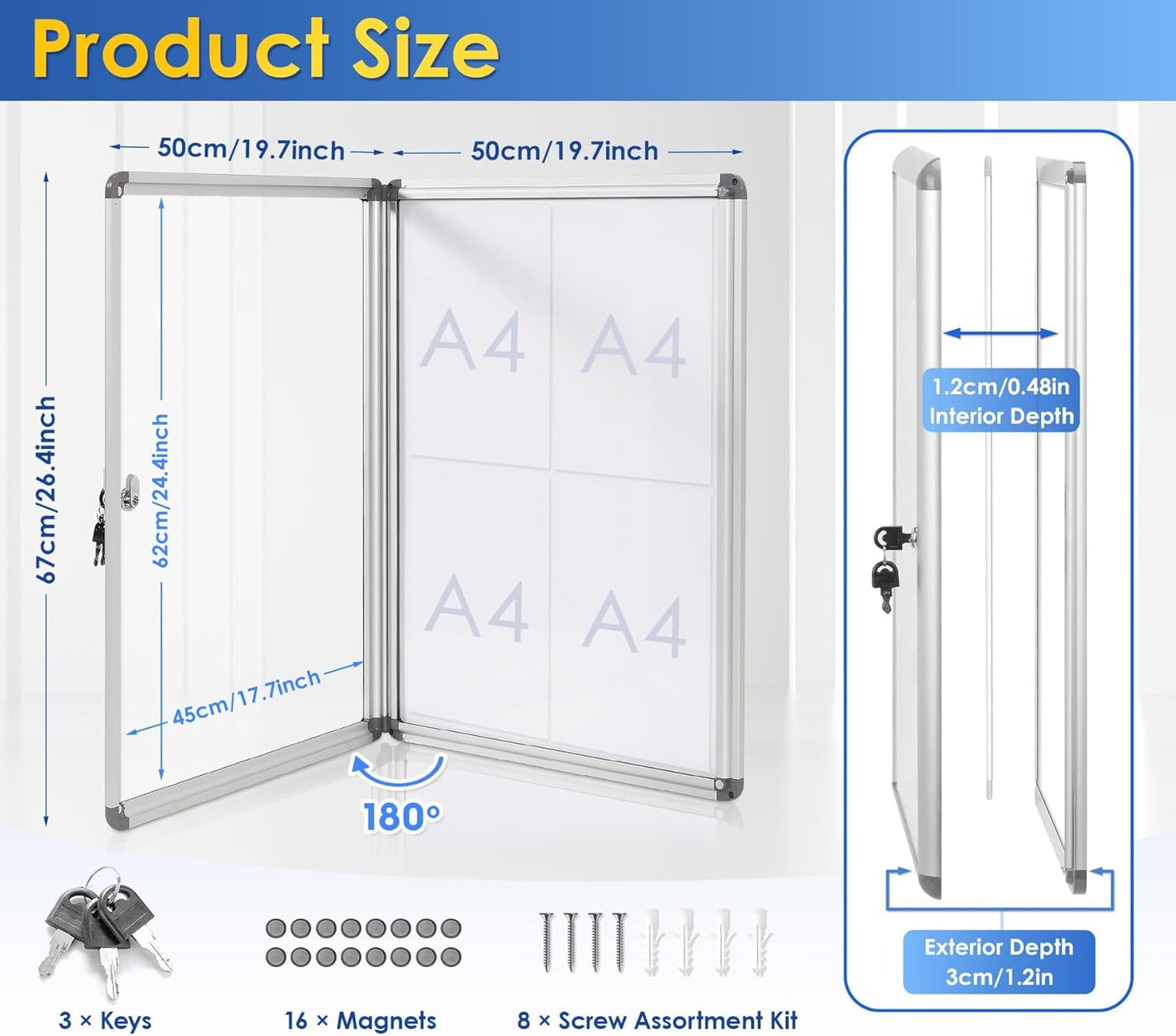 SWANCROWN Enclosed Bulletin Board Magnetic Dry Erase Noticeboard Lockable Display Boards White with Aluminium Frame 26x20inch(4xA4)