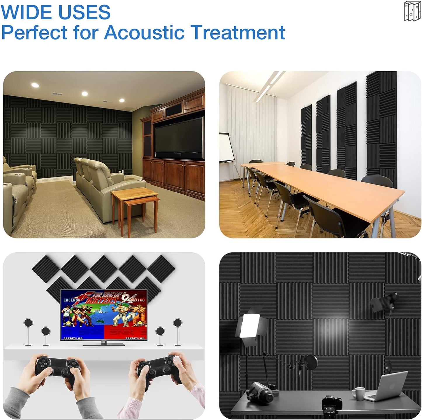 12 Pack Sound Proof Foam Panels for Walls,Self-Adhesive Foam Acoustic Panels Sound Absorbing,High Density Quick-Recovery Soundproof Wall Panels 12" X 12" X 1"-Black and Blue