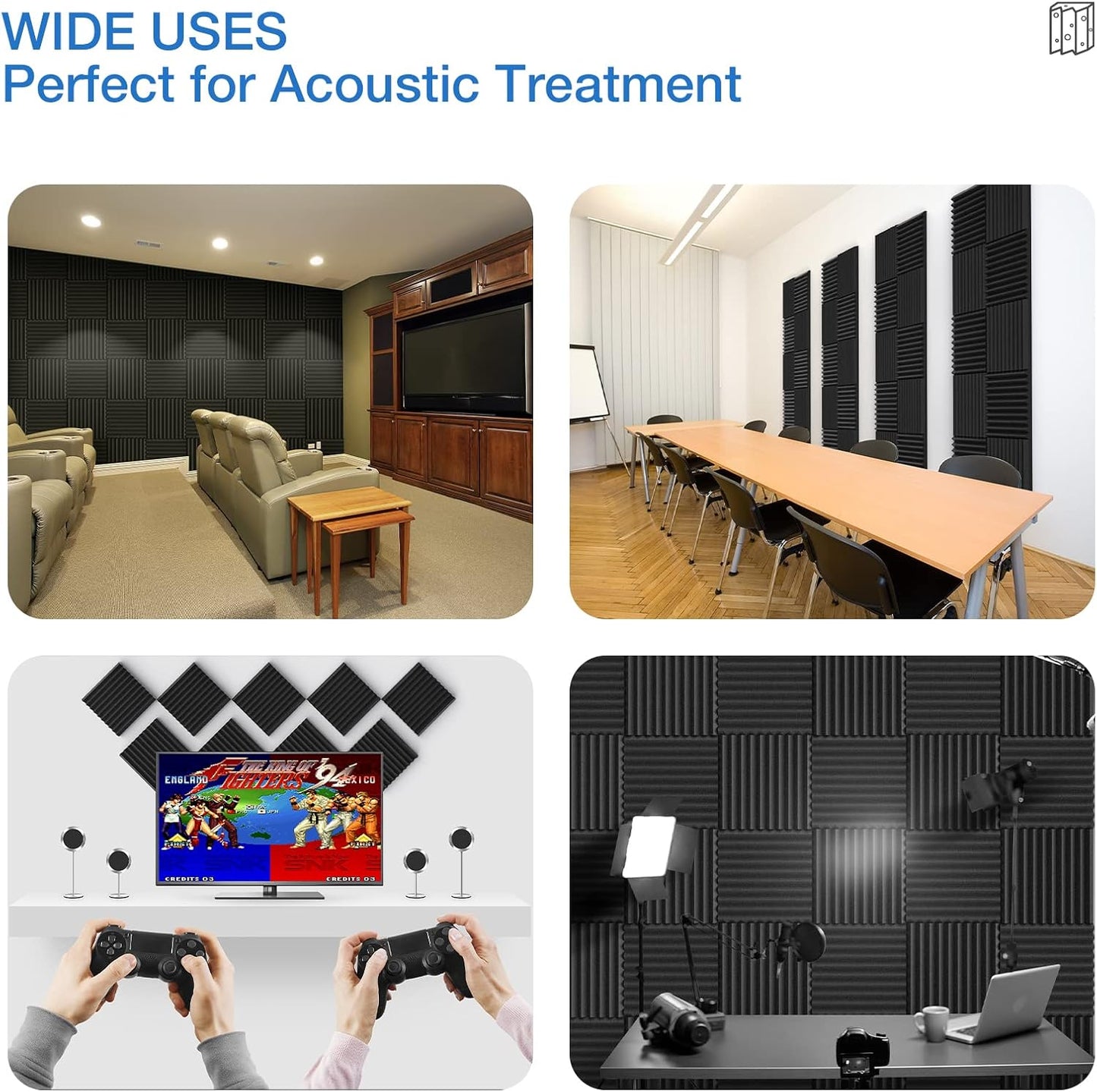 24 Pack Self-Adhesive Acoustic Panels - 2"X 12"X 12"Wall Panels - Quick-Recovery and High Density Sound Panels - Sound proof Acoustic Foam for Home Studio - Black
