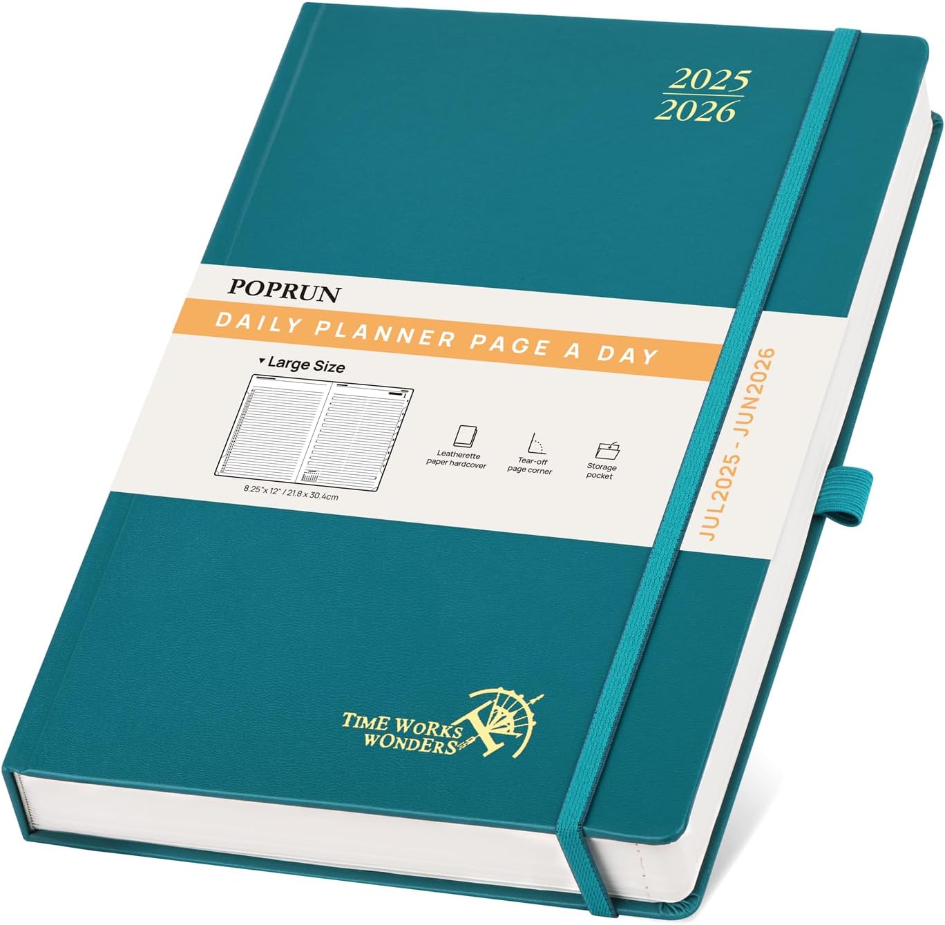 POPRUN 2025-2026 Daily Planner One Page Per Day (Large - 8.25'' x 12'') - Academic Calendar (July 2025 - June 2026), 2025 Day Appointment Book with Monthly Tabs, Hardcover - Pacific Green