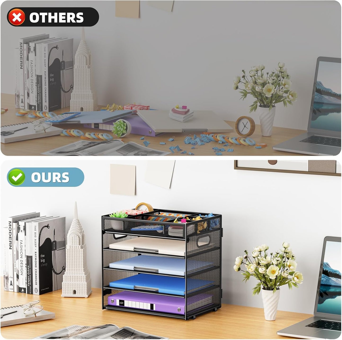 Marbrasse 5-Tier Letter Tray Paper Organizer with Handle, Multi-Functional Mesh File Organizer for Desk, Adjustable Compartments Mesh Desktop Storage for Office Supplies,Black