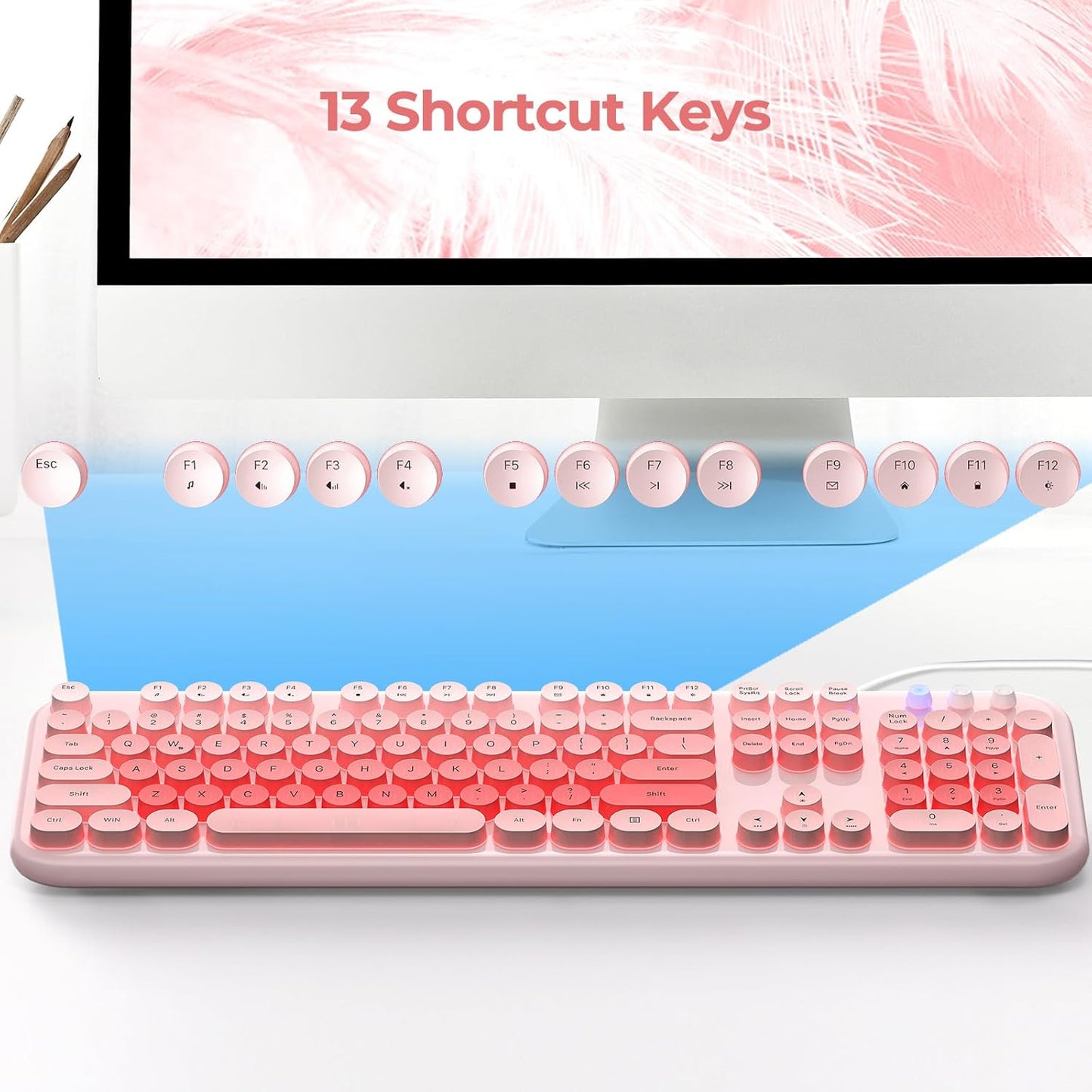 Wired Backlit Keyboard, USB Computer Keyboard with Retro Keycaps, Numeric Keypad and Media Hotkey for Office Desktop PC Laptop and Windows 7 8 10 11 (Pink Colorful)