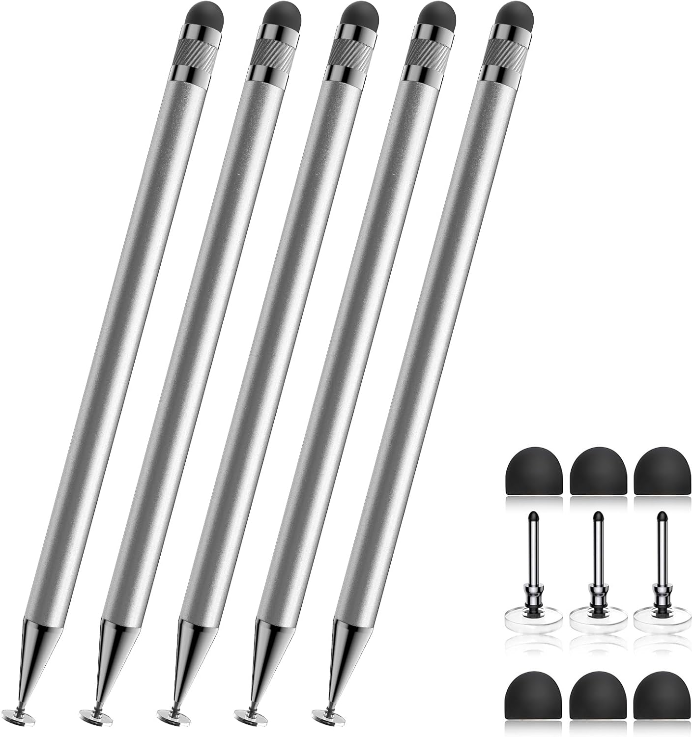 Bopomofo Stylus (5 Pcs), 2-in-1 Stylus Pen for Touchscreen, High Precision and Sensitivity, Suitable for iPhone/ipad/Android Tablets, Compatible with Touch Screens,Silver
