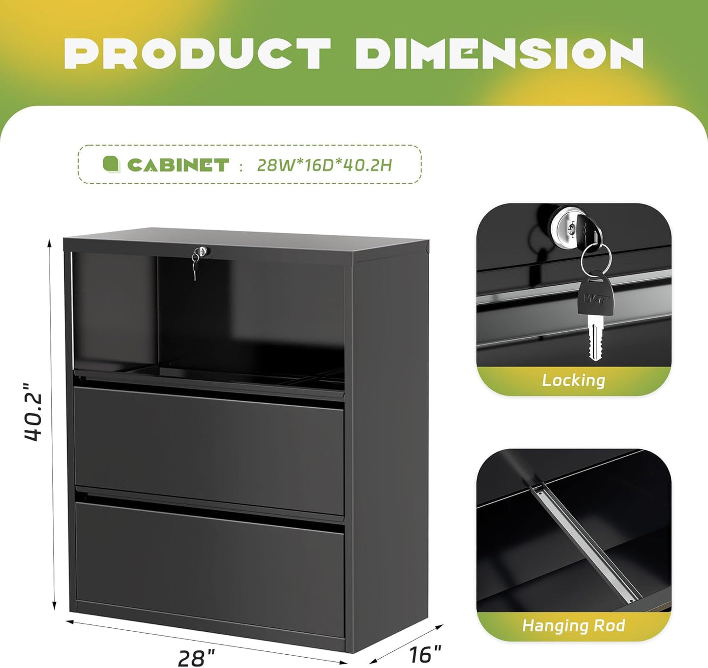 Superday Lateral File Cabinet 3 Drawer Metal File Cabinet with Lock, Black Filing Cabinets for Home Office, Locking Filing Cabinets Hanging Files Letter/Legal/F4/A4