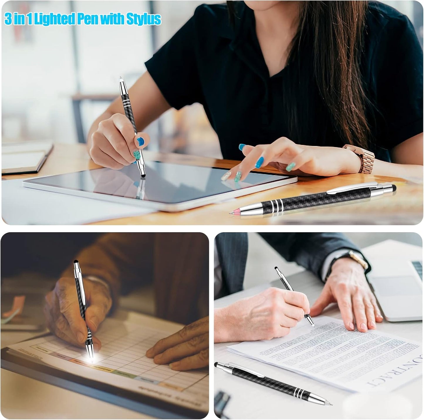 Glovion Lighted Tip Pen With Stylus 3-in-1 - LED Penlight Ballpoint Pen for Writing in the Dark - Pack of 3 - Blue Light - GL006