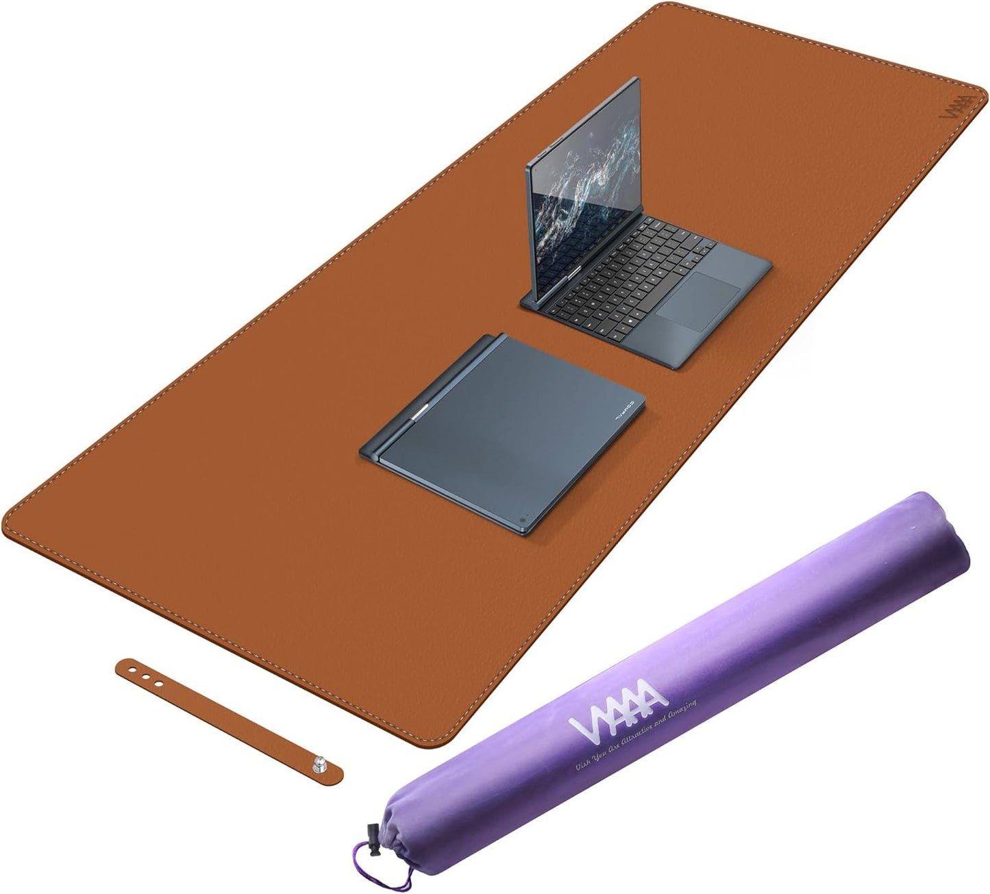 Desk Mat on top of Desks, Vyaaa 55" x 23.6" PU Leather Desk Mat, Large Desk Blotter Pad for Office, Home, Gaming, Computer, Laptop, Keyboard and Mouse - Light Brown