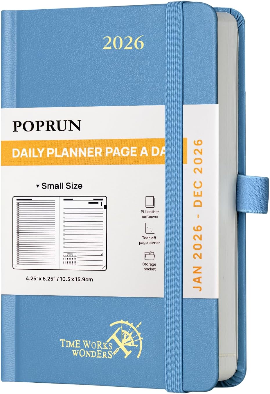 POPRUN 2026 Daily Planner One Page Per Day A6 Size Calendar (4.25" x 6.25") - 12 Months Hourly Appointment Book with Hardcover, Monthly Tabs, Pocket, Pen Holder - Haze Blue