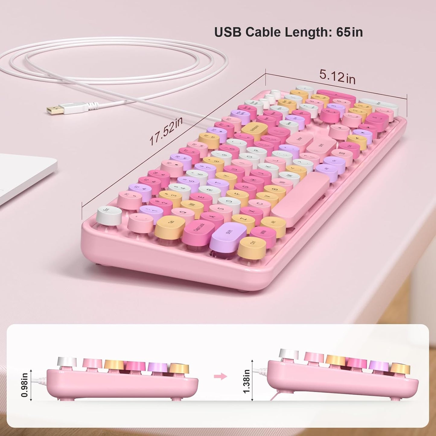 MOFII Wired Full Size USB Keyboard, Colorful Retro Round Typewriter Keyboard with Foldable Stands for Windows PC Laptop (Pale Pink)