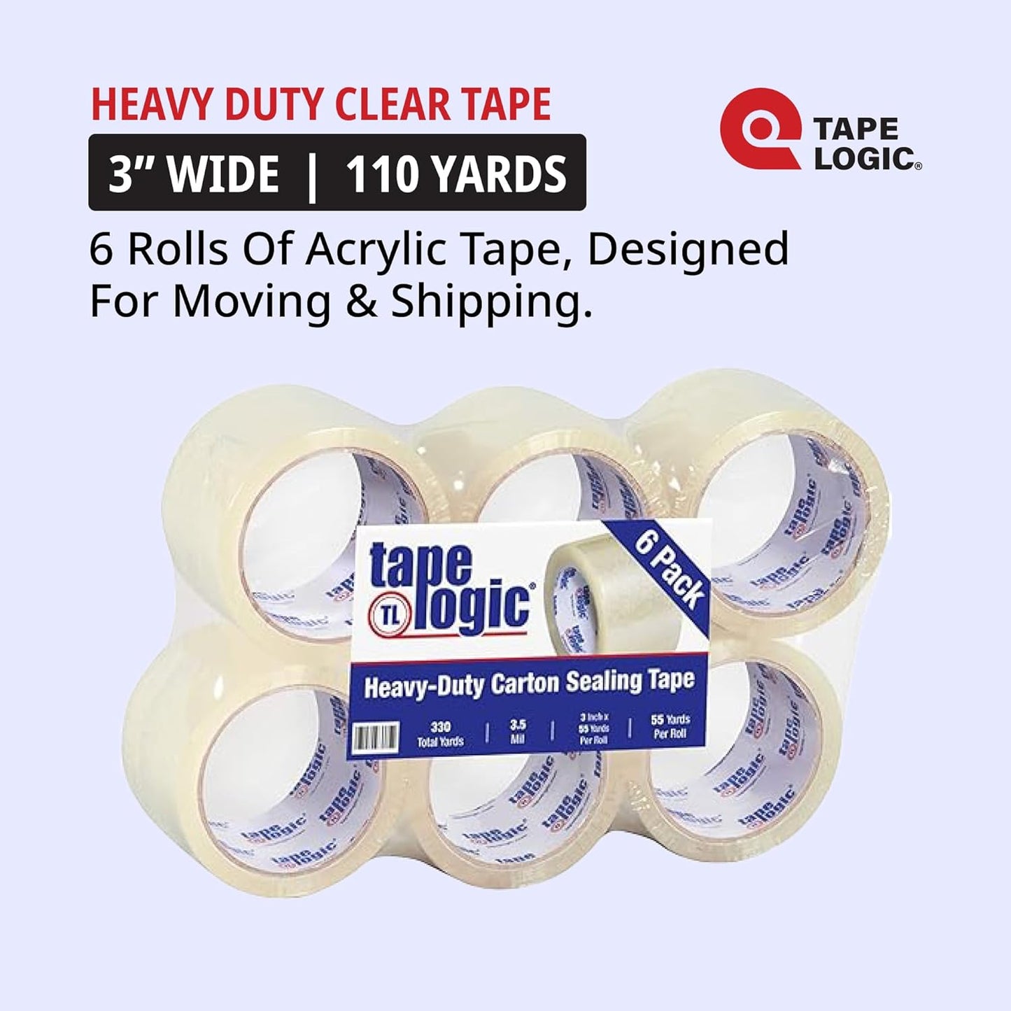 Tape Logic 3" x 55 yds Acrylic Packing Tape 3.5 Mil, Clear (6-Pack) Heavy Duty Packing Tape Rolls for Sealing Boxes at Home, Warehouse, & Office, Supplies for Packaging, Shipping, Moving