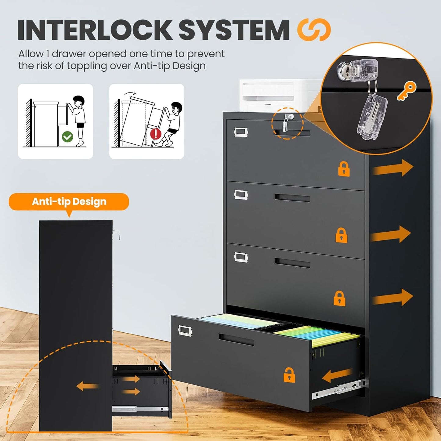 4 Drawer File Cabinets for Home Office, Metal Filing Cabinet with Lock, Black Locking File Caninet Four Drawer, Office Storage Caninets Steel Cabnet for Letter/Legal/A4/F4-Assembly Required