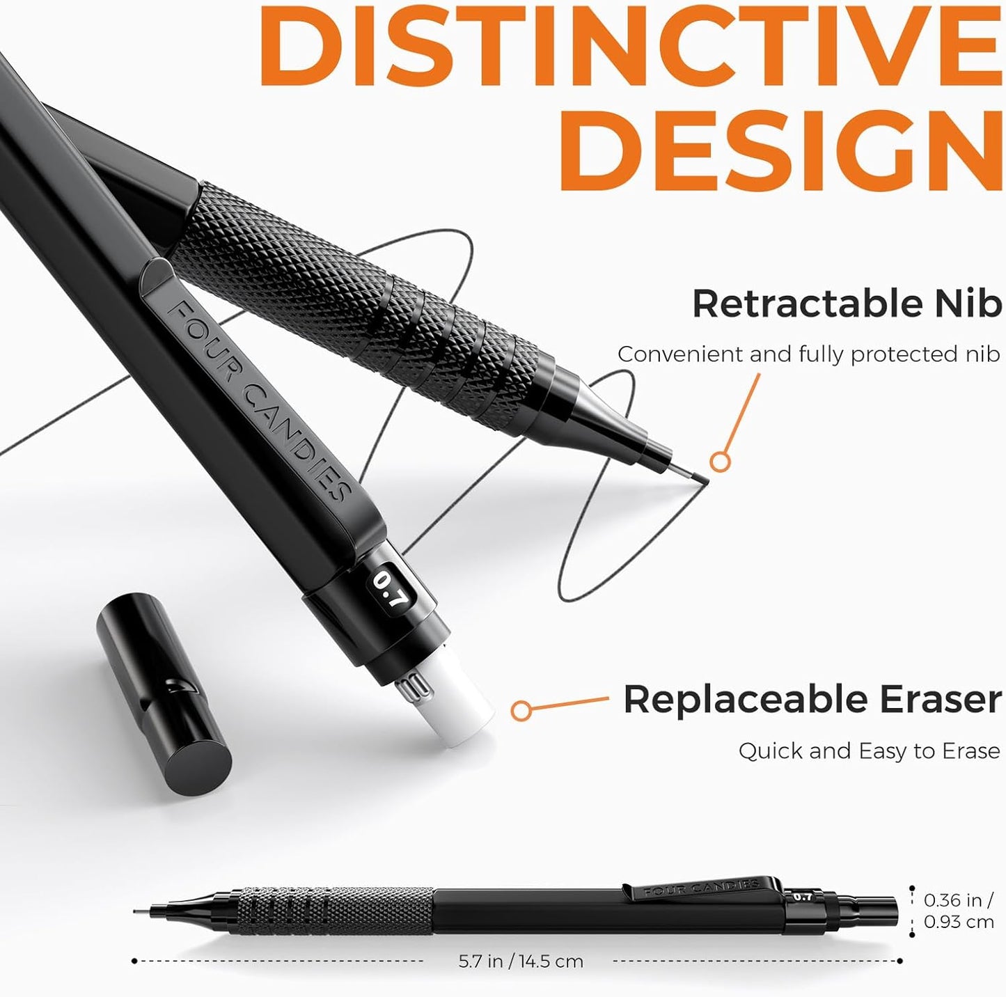 Four Candies 4PCS Metal Mechanical Pencils Set with Case, 0.5mm & 0.7 mm Artist Pencil with 8 Tubes (480PCS) HB Lead Refills, 3 Erasers,9 Eraser Refills For Writing Drafting, Drawing, Black&Silver