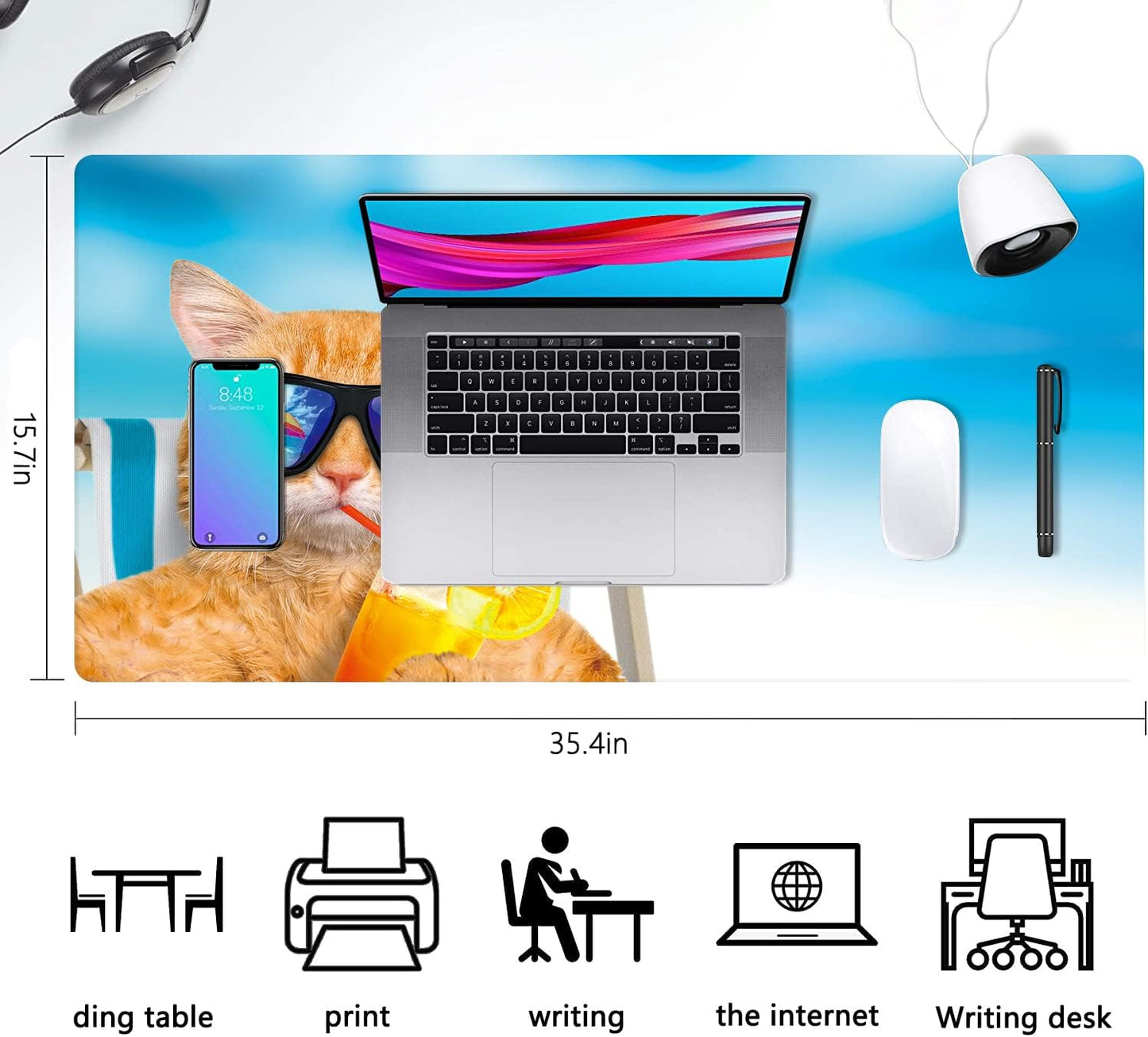 Extended Large Gaming Mouse Pad Cute Cat on Beach Chair XXL Size Keyboard Mouse Mat Desk Pad with Non Slip Rubber Base Stitched Edges Office Decor for Women Girls Men,35.4 x 15.7inch