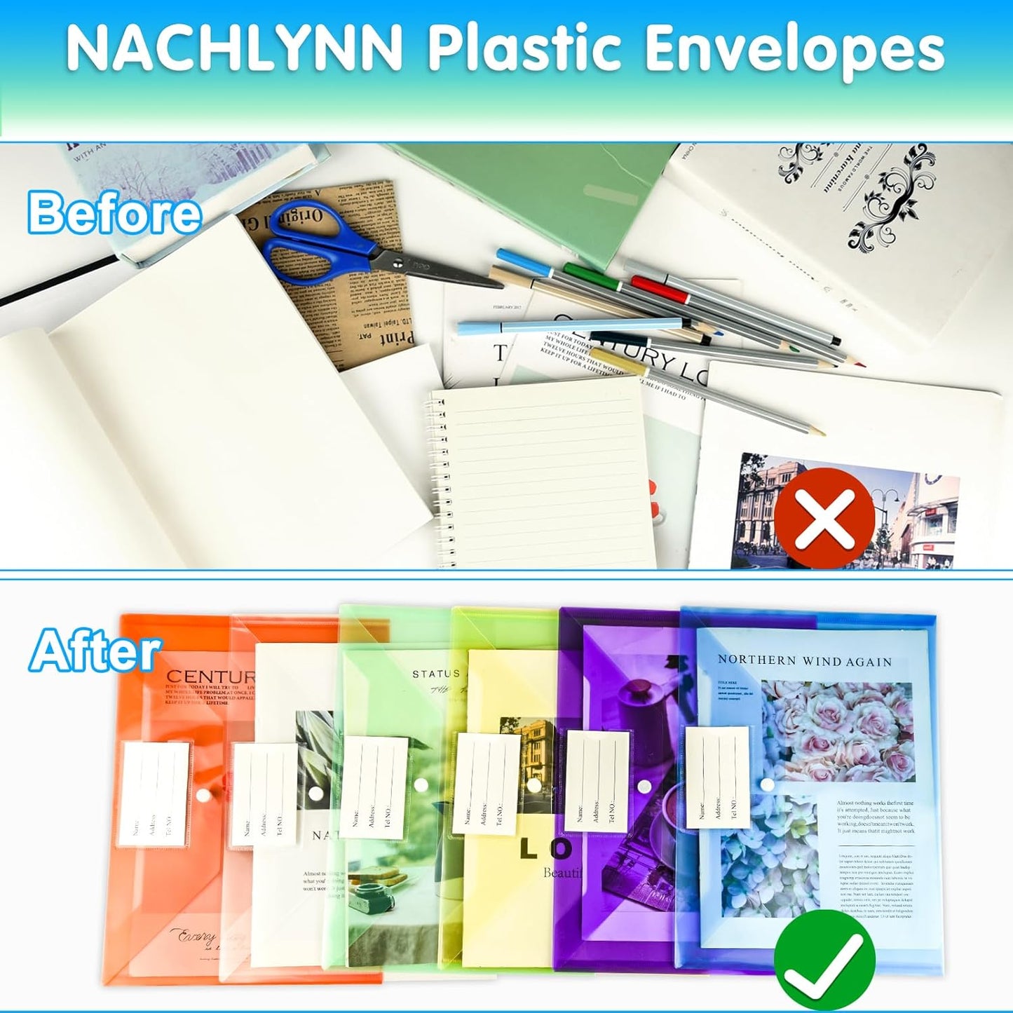 NACHLYNN 48pcs Plastic Envelopes Plastic Folders with Snap Closure, 6 Colors A4 Size Clear File Envelopes with Label Documents Folders Organizers for Home Work Office Organization