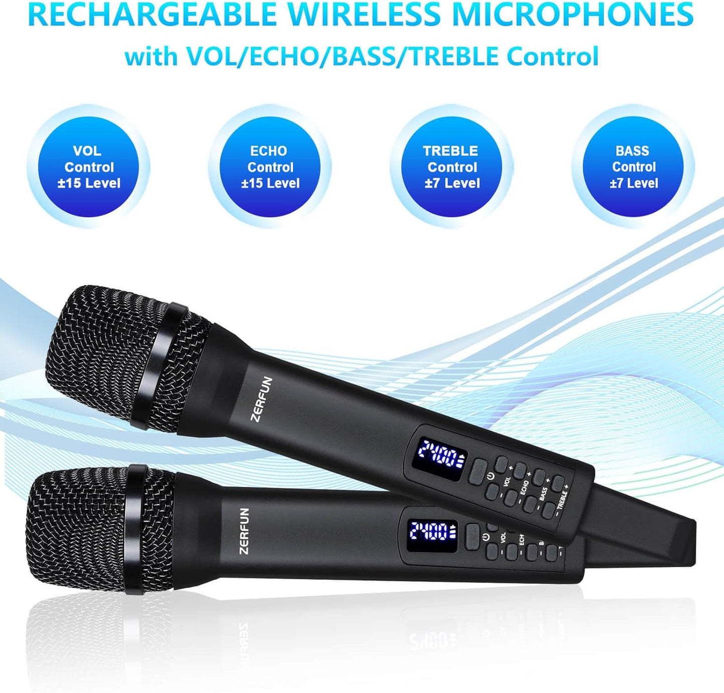 Rechargeable Wireless Microphones 4, Pro Handheld Cordless Mics System Dynamic with Echo Treble BASS VOL Control for Karaoke Singing Church Party, 1/4'' Output, D240, Black
