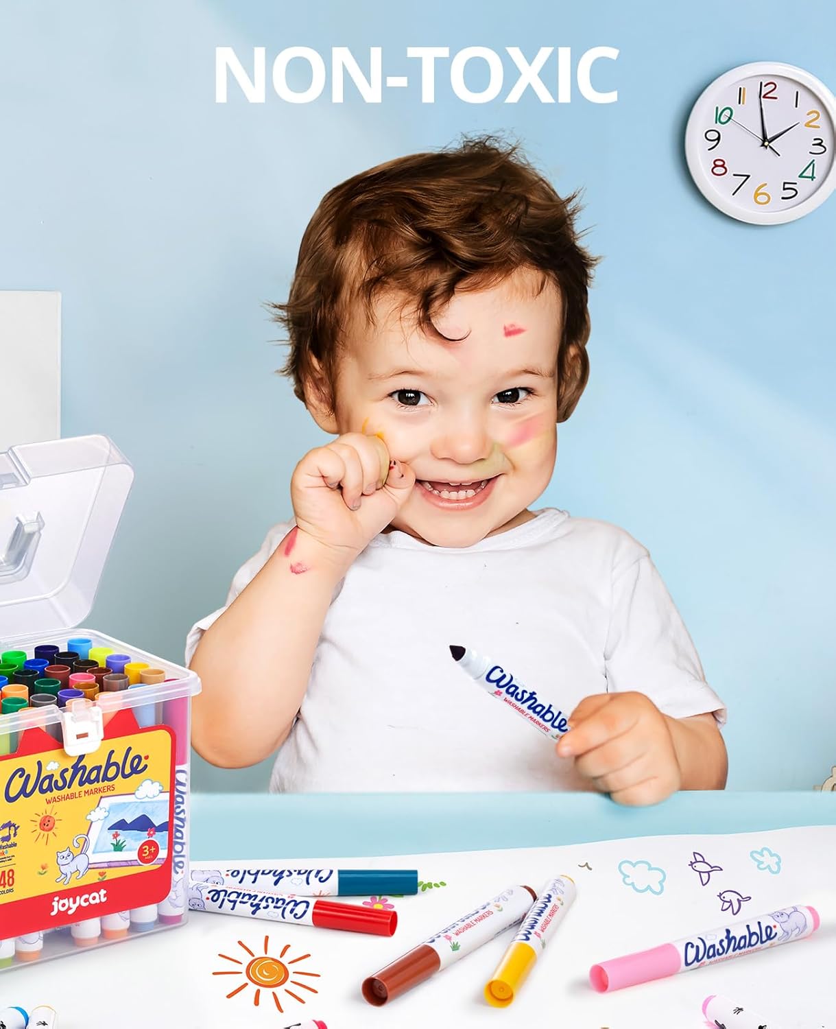 JoyCat 48 Count Washable Markers for Kids, 48 Colors Washable Markers Set with Carrying and Storage Case, Coloring Marker Bulk for Boys Girls, School Classroom Supplies