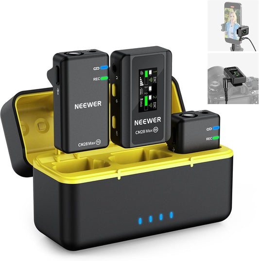 NEEWER CM28 Max Wireless Lavalier Microphone System with Charging Case 48KHz/24Bit Lossless Float Recording Noise Cancellation 8GB Storage 25Hrs Battery 300m Range for iPhone iPad Android Camera PC