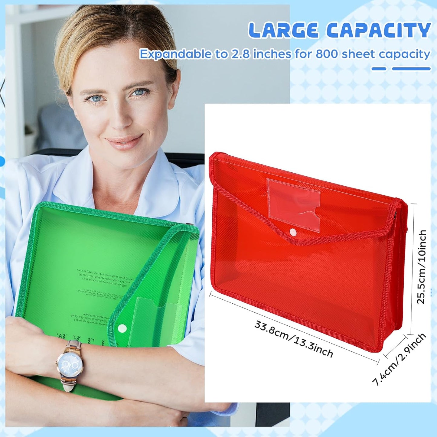 4 Pack A4 Expanding Plastic File Folders Waterproof Document Organizer with Snap Button Multiple Pockets, Office Home Office Storage (4 Color)