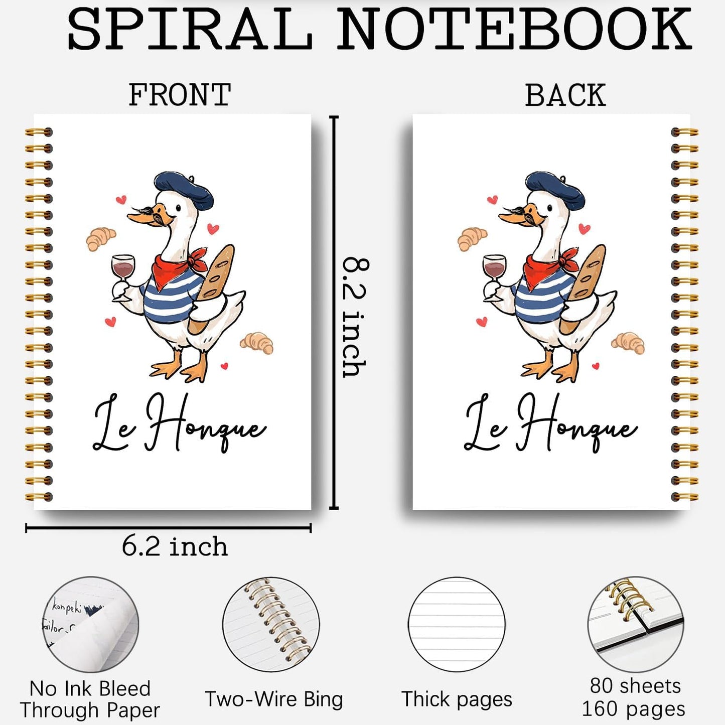 Guymn French Goose Notebook Journal, Geese Lover Gifts, French Baguette Lovers Gifts, Le Honque Funny Beret Goose Hardcover Spiral Notebook 5.5x8.3 Inch