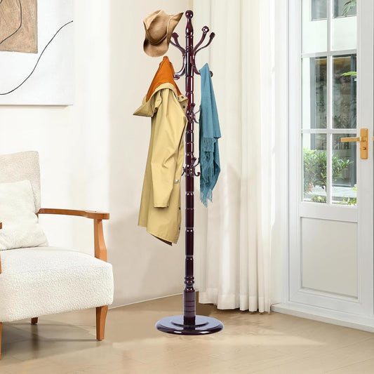 Wood Coat Rack Freestanding, Natural Coats Tree Stand with 14 Hooks, 73" Sturdy and Easy Assembly Coat Rack Stand for Entryway, Hallway, Bedroom, Bags, Hats (Heavy-duty Disc Base, Lucky Curve)