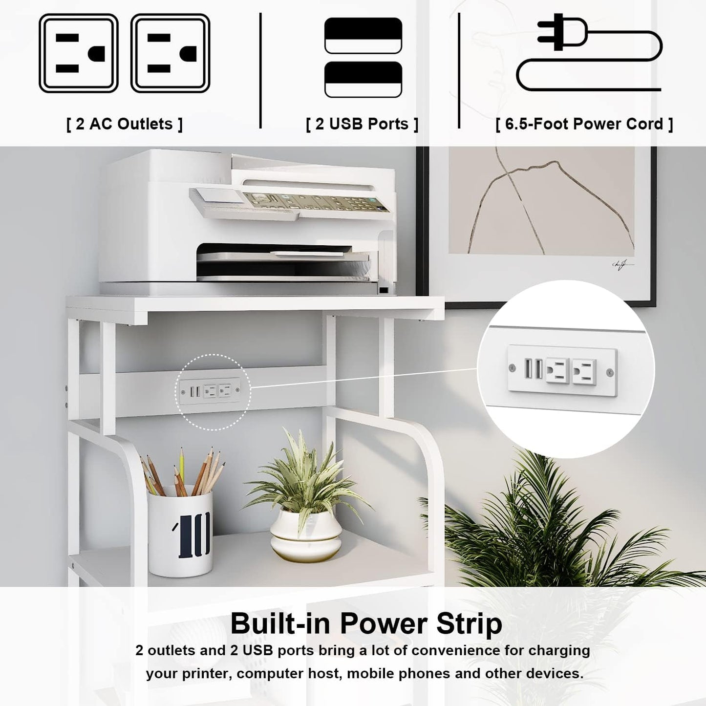 VEDECASA Mobile High Printer Stand with Power Outlet Charging Plugs USB Port Office Storage Shelf Includes Computer Tower CPU Stand Holder with Wheel (White)