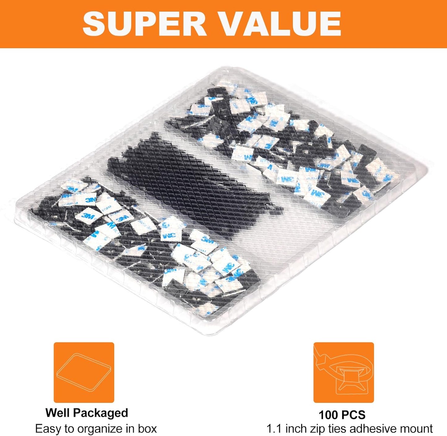 100 Pack 1.1 inch Zip Tie Adhesive Mounts Self Adhesive Cable Tie Base Holders with Multi-Purpose Tie wire clips with screw hole,Anchor stick on wire holder with 8 inch zip ties（Black）