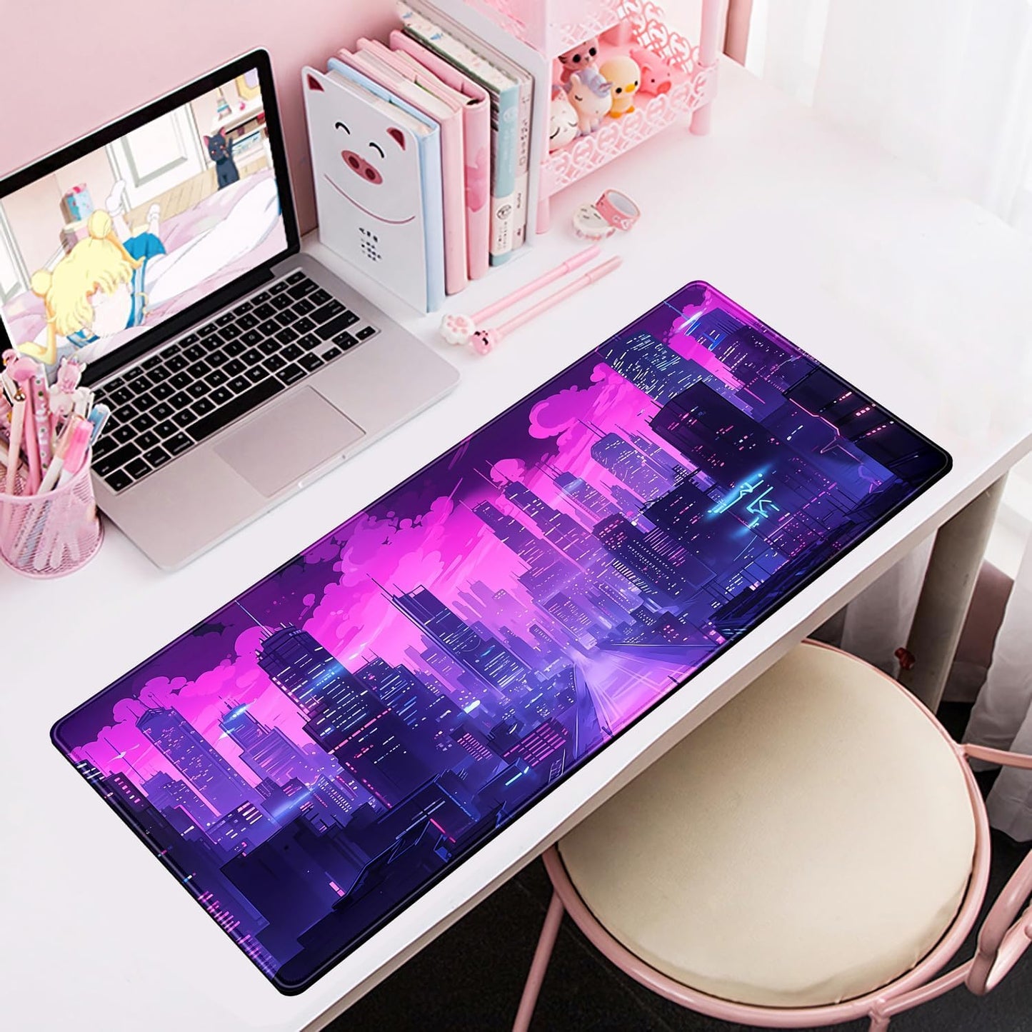 Desk Pad Cyberpunk Purple Desk Mat City Skyline Gaming Extended Mouse Pad Big Office Keyboard Pc Laptop for Women Large Mousepad with Stitched Eges Non-Slip Base Mouse Keyboard Mat 31.5x11.8 in