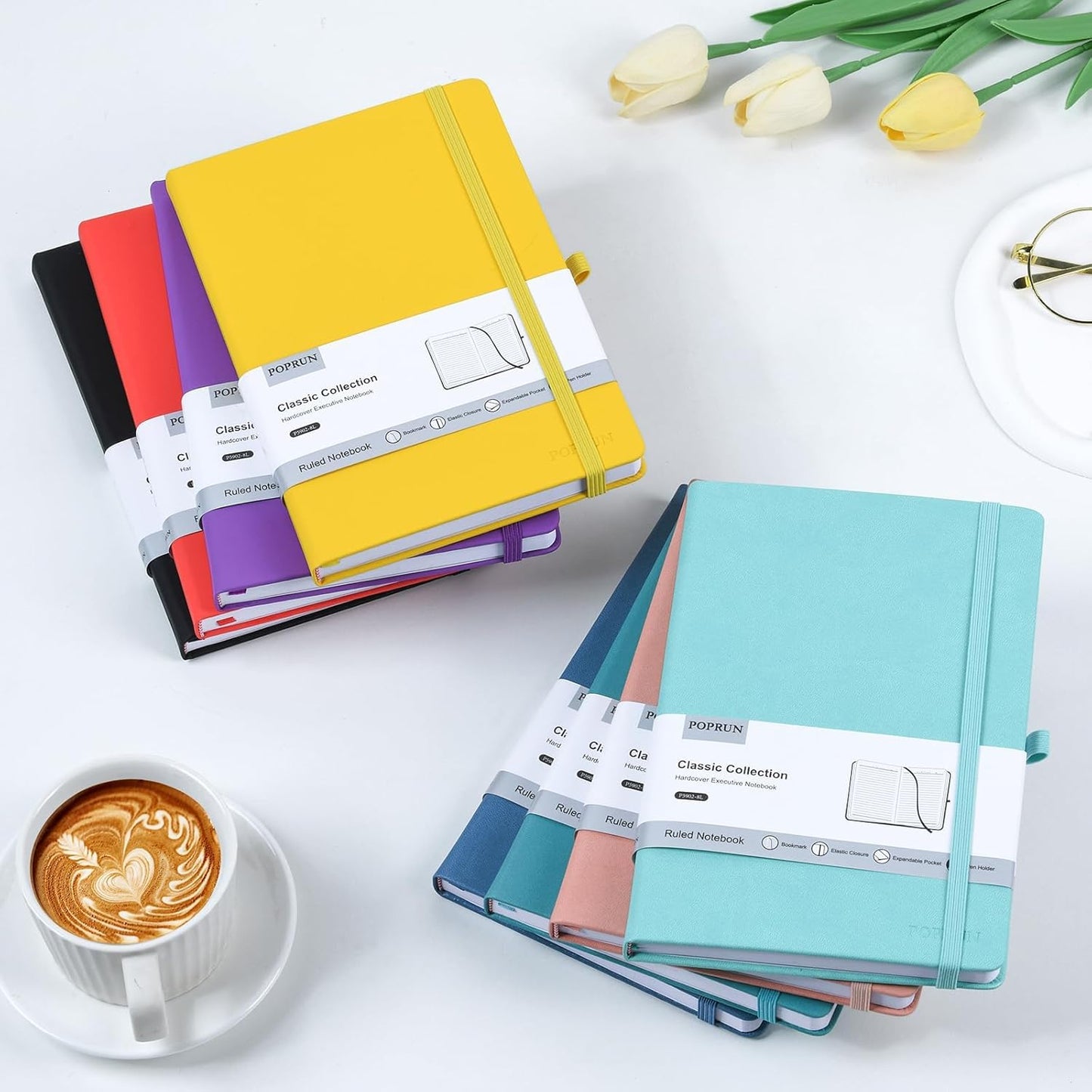 POPRUN A5 Lined Journal Notebooks, Leather Hardcover Thick Notebook for Writing, Business Work, Travel, School, College, Christmas, 5.5 x 8.3 inch, 240 Pages Classic Ruled Journals Notepad, Purple