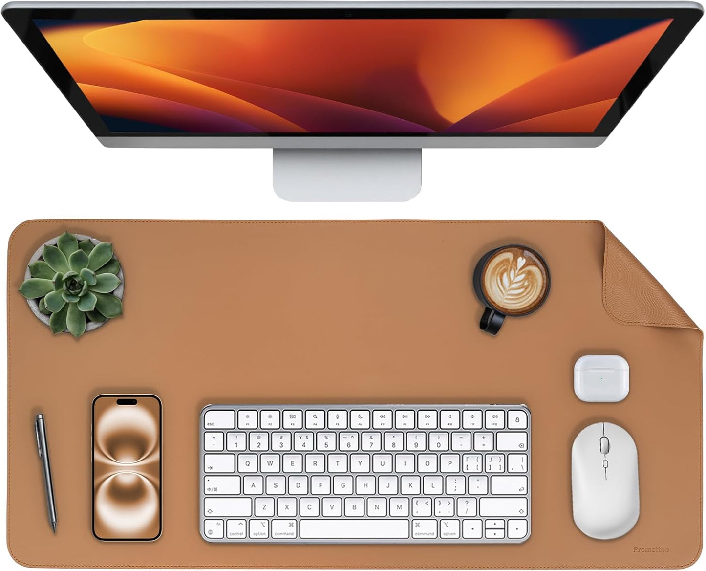 Oversized Non-Slip Desk Pad Protector – Grips Desk Firmly, Anti-Slip Like You've Never Seen! Vegan Leather Waterproof Laptop Mat for Keyboard & Mouse – Large Office Pad– Caramel Brown