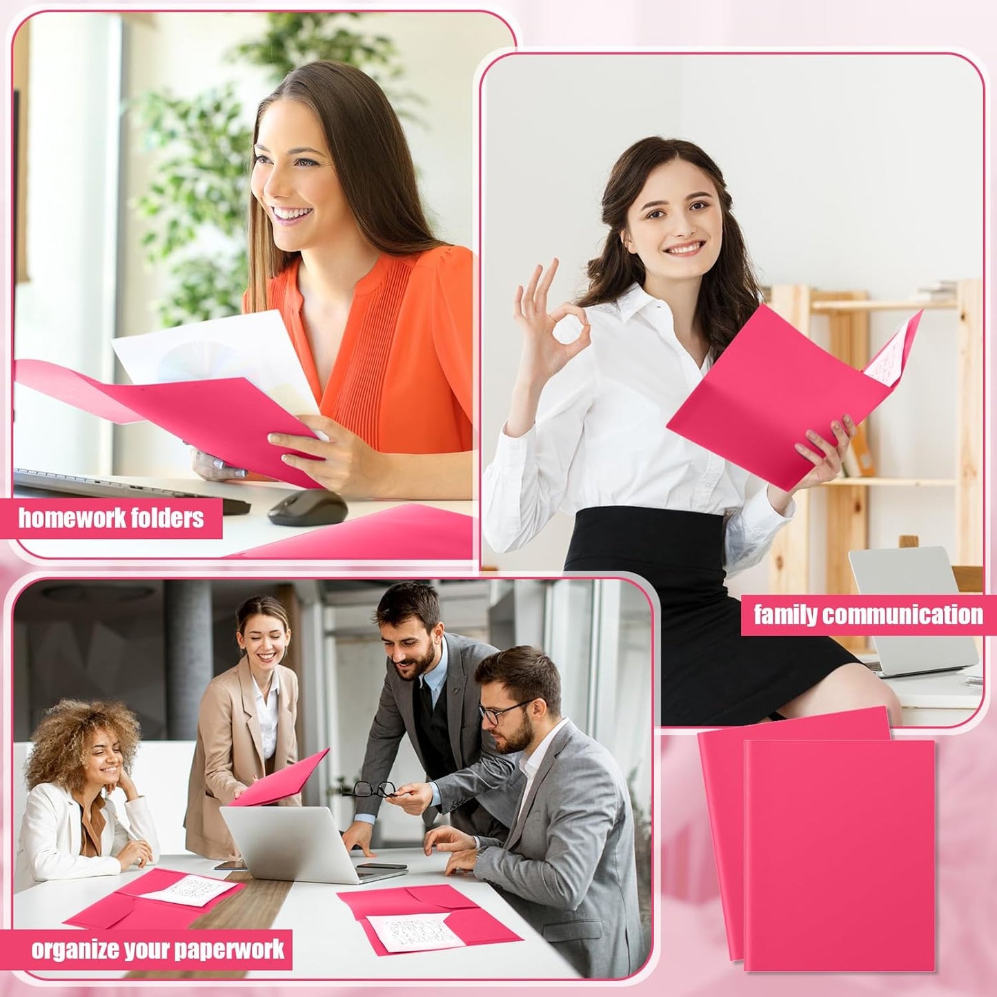 Gueevin 100 Pcs Two Pocket Folders Bulk Plastic File Folder with 2 Pockets Letter Size Paper Heavy Duty Durable Portfolios Case for Home Office School Business 11.61 x 9.45 Inch (Hot Pink)
