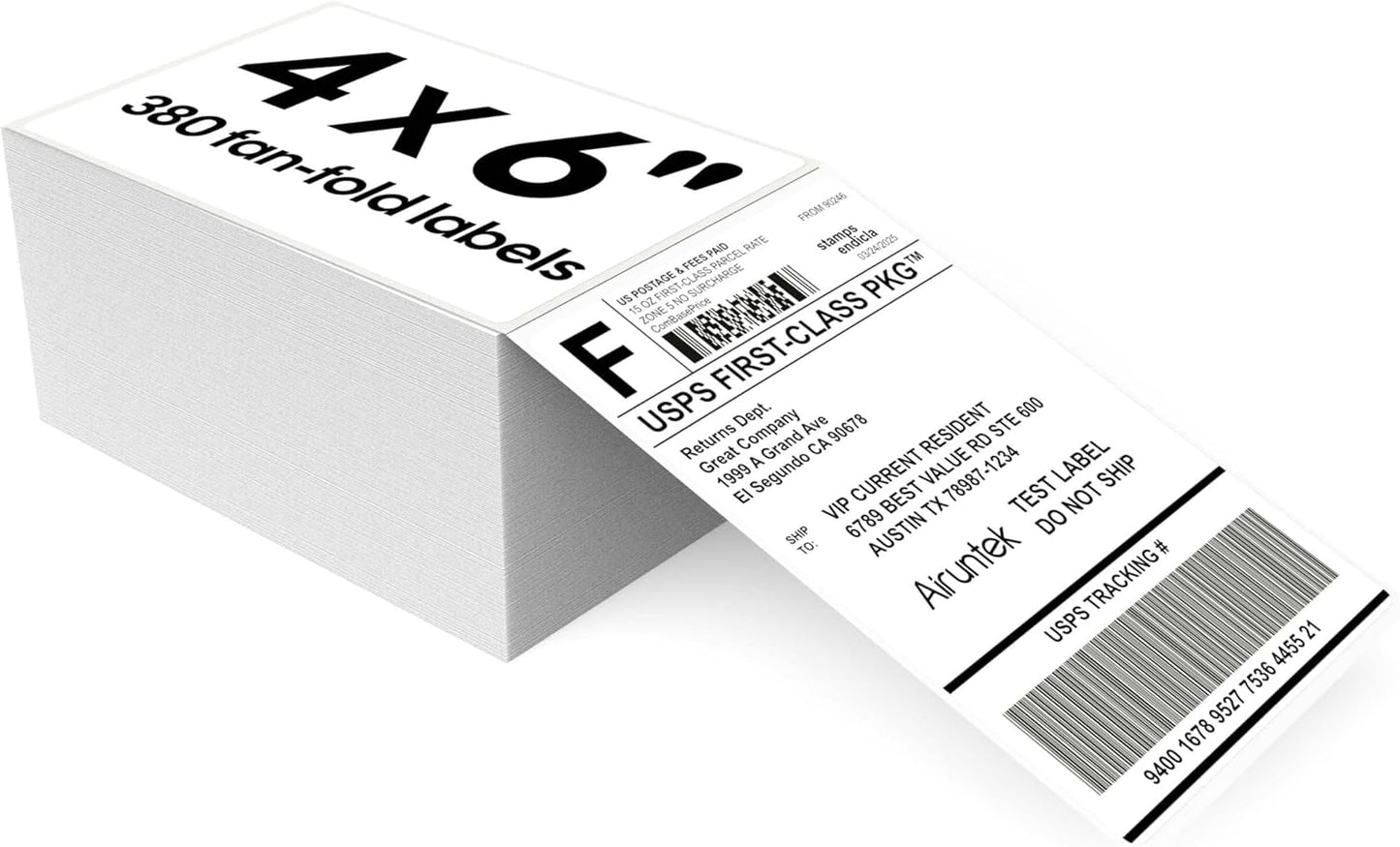 4x6 Thermal Labels, 380 Fanfold Labels, Perforated & Strong Adhesive, Compatible with Direct Thermal Printers for USPS UPS FedEx DHL Address Shipping Label