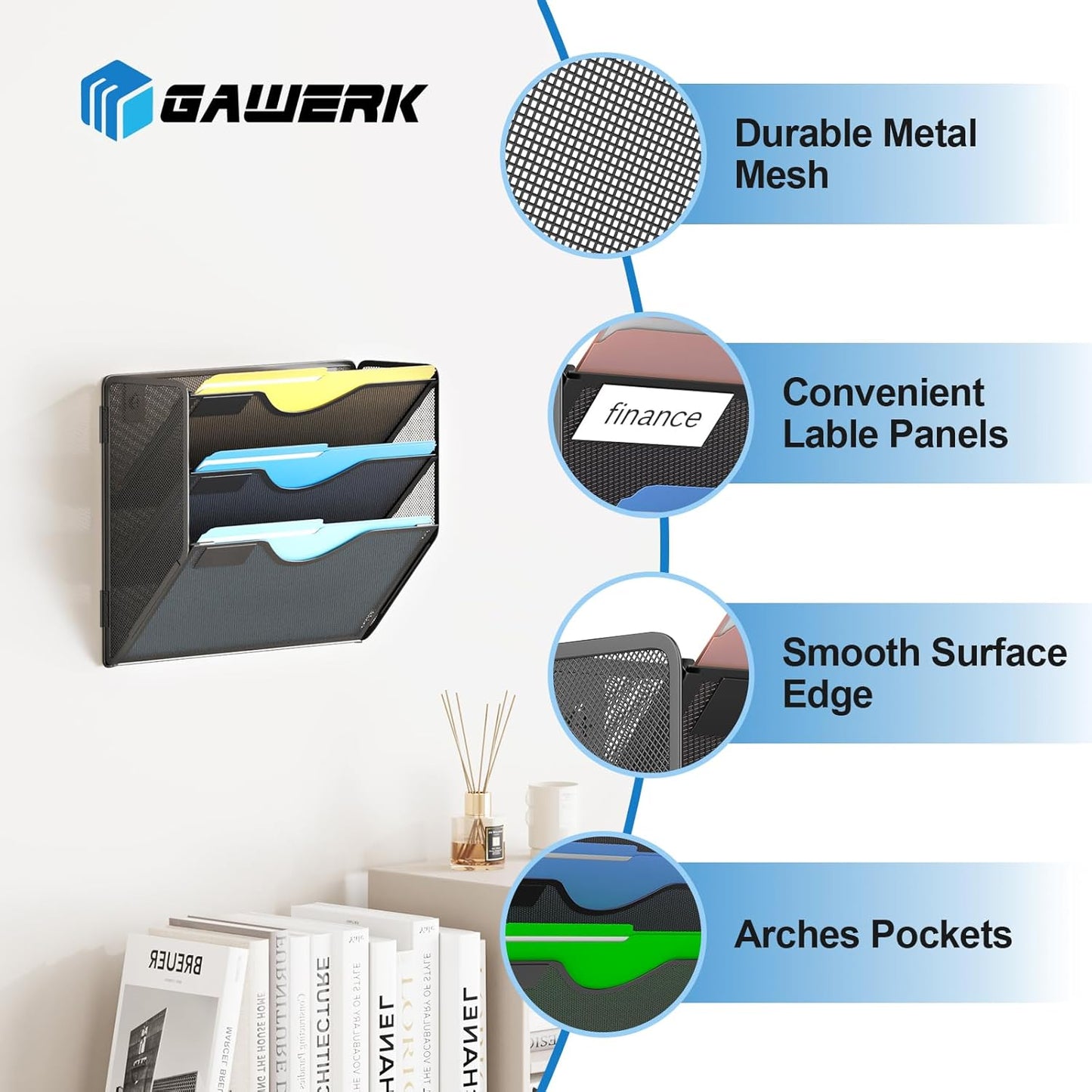 3 Tier Hanging Wall File Organizer, Mesh Mail Paper Orgnization Hanging File Folder Holder for Home Office, Black