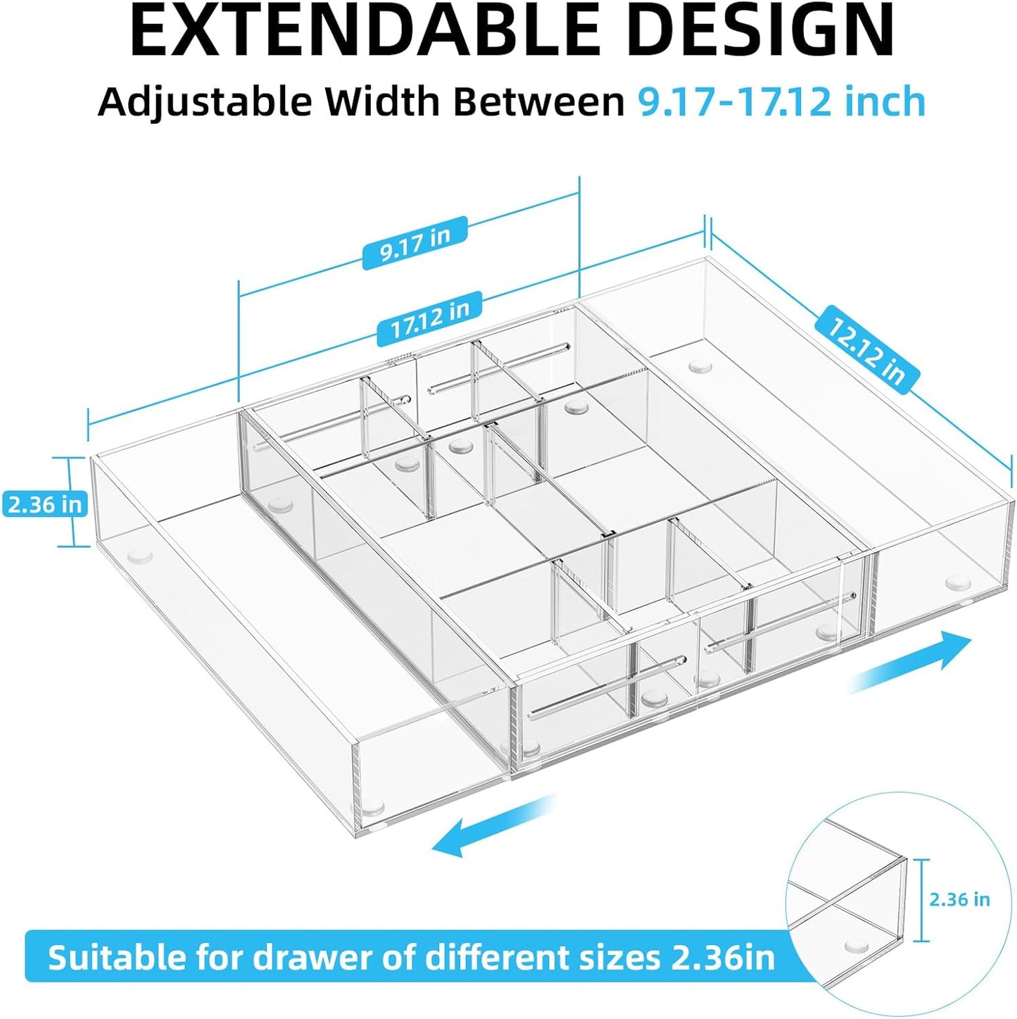 Marbrasse Acrylic Expandable Drawer Organizer, Clear Desk Drawer Organizer Tray with 5 Dividers, Desk Organizers and Accessories, 10 Adjustable Compartments for Office Supplies, Makeup & Vanity