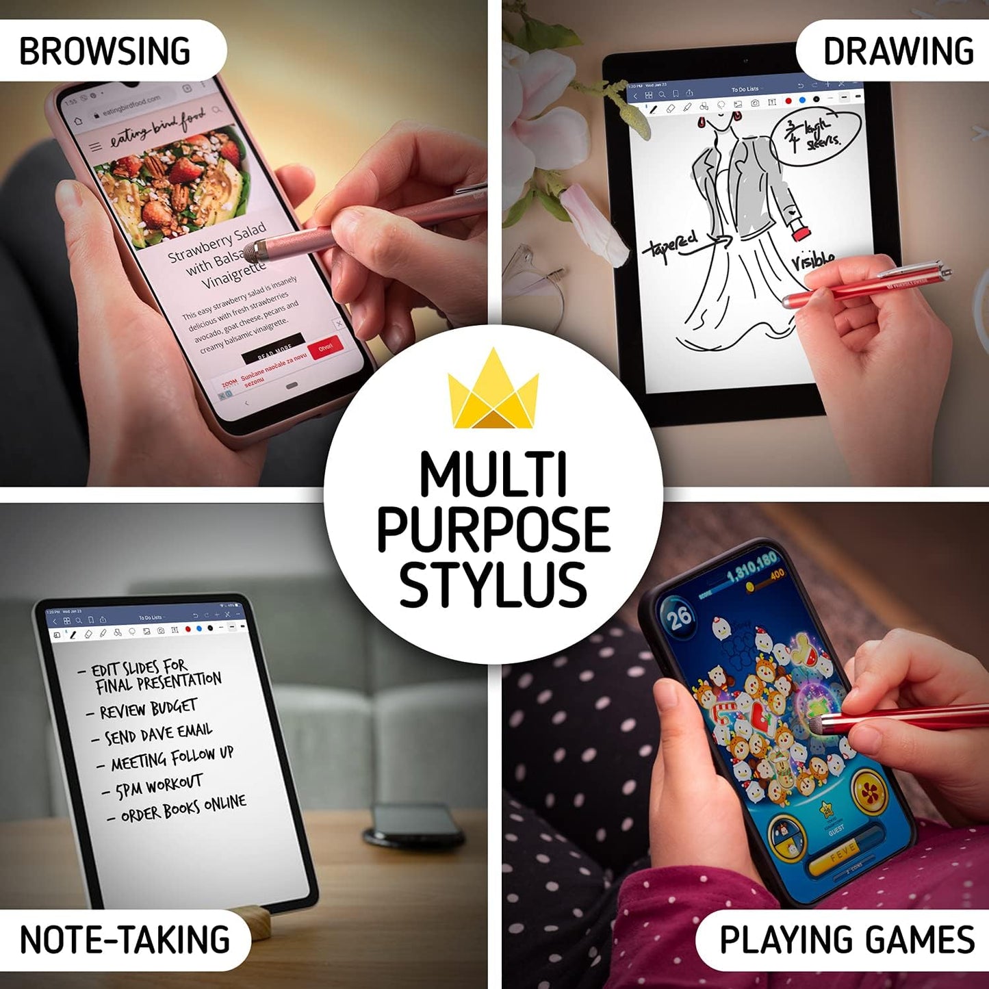 The Friendly Swede Mesh Tip Stylus Pen for Touchscreen — 3-Pack Micro-Knit Capacitive Stylus Pen for iPad & iPhone with 3 Replaceable Fiber Tips, Elastic Lanyards & Screen Cleaning Cloth