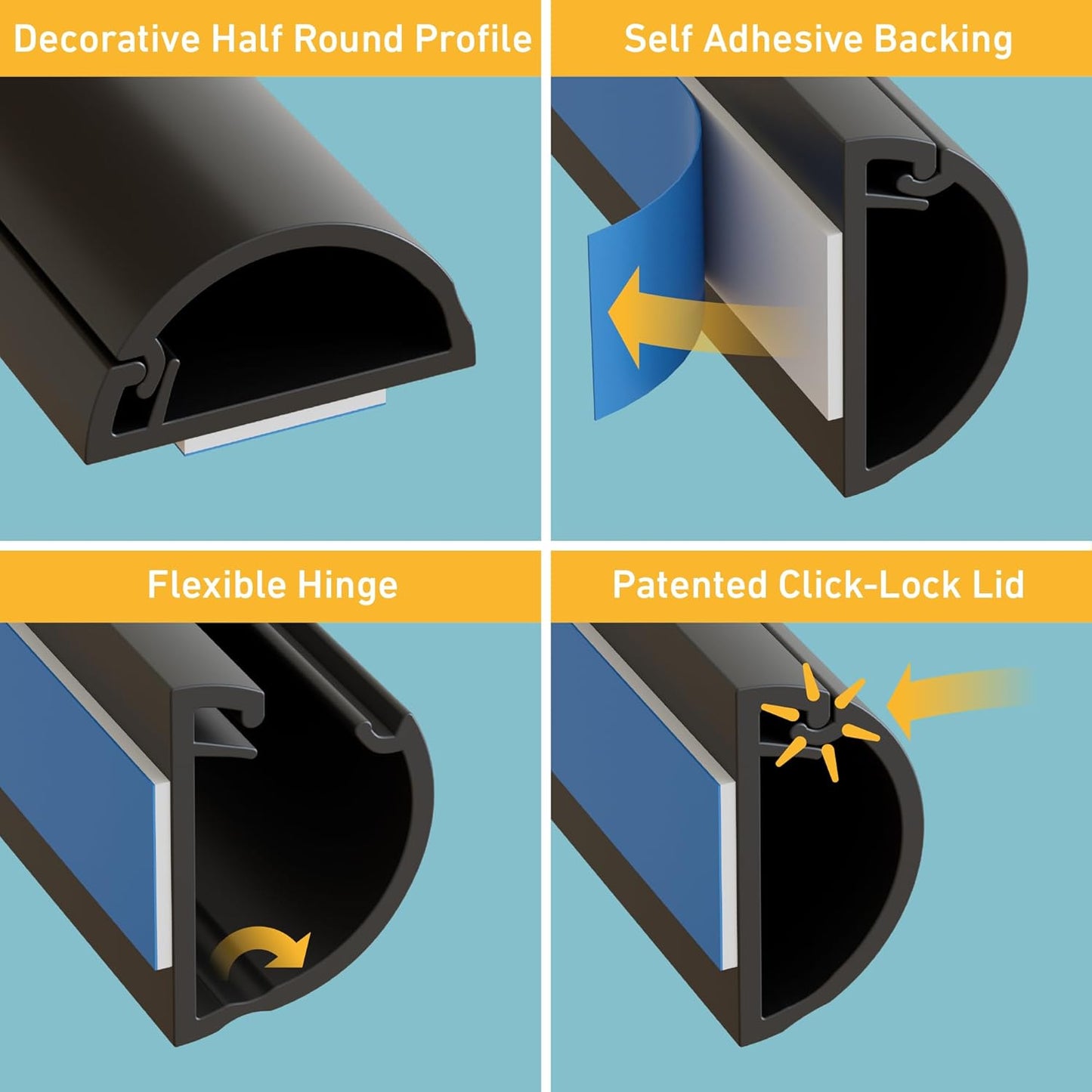 D-Line Half Round Cord Hider, Patented Cable Cover, Hide TV Wall Mount Wires, Raceway for Cords, Decorative Wire Covers, Paintable, Adhesive Cable Concealer, 2X 0.78in W x 0.39in H x 39in L, Black