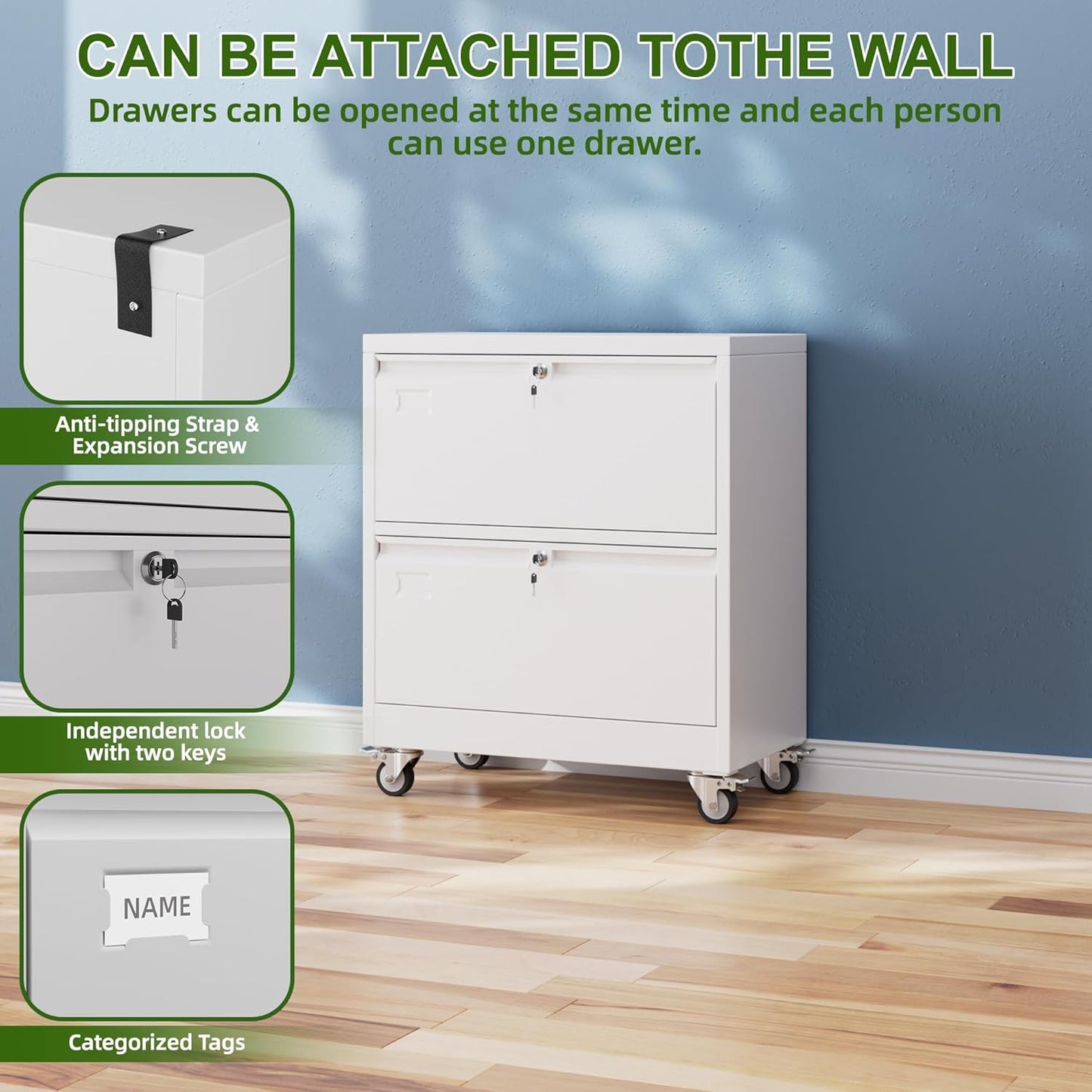 Aobabo 2 Drawer Wide File Cabinet with Wheels, Lockable Metal Filing Cabinet for Home Office, Legal/Letter Size,White,Required Assembled,15.87" D x 28.94" W x 34" H