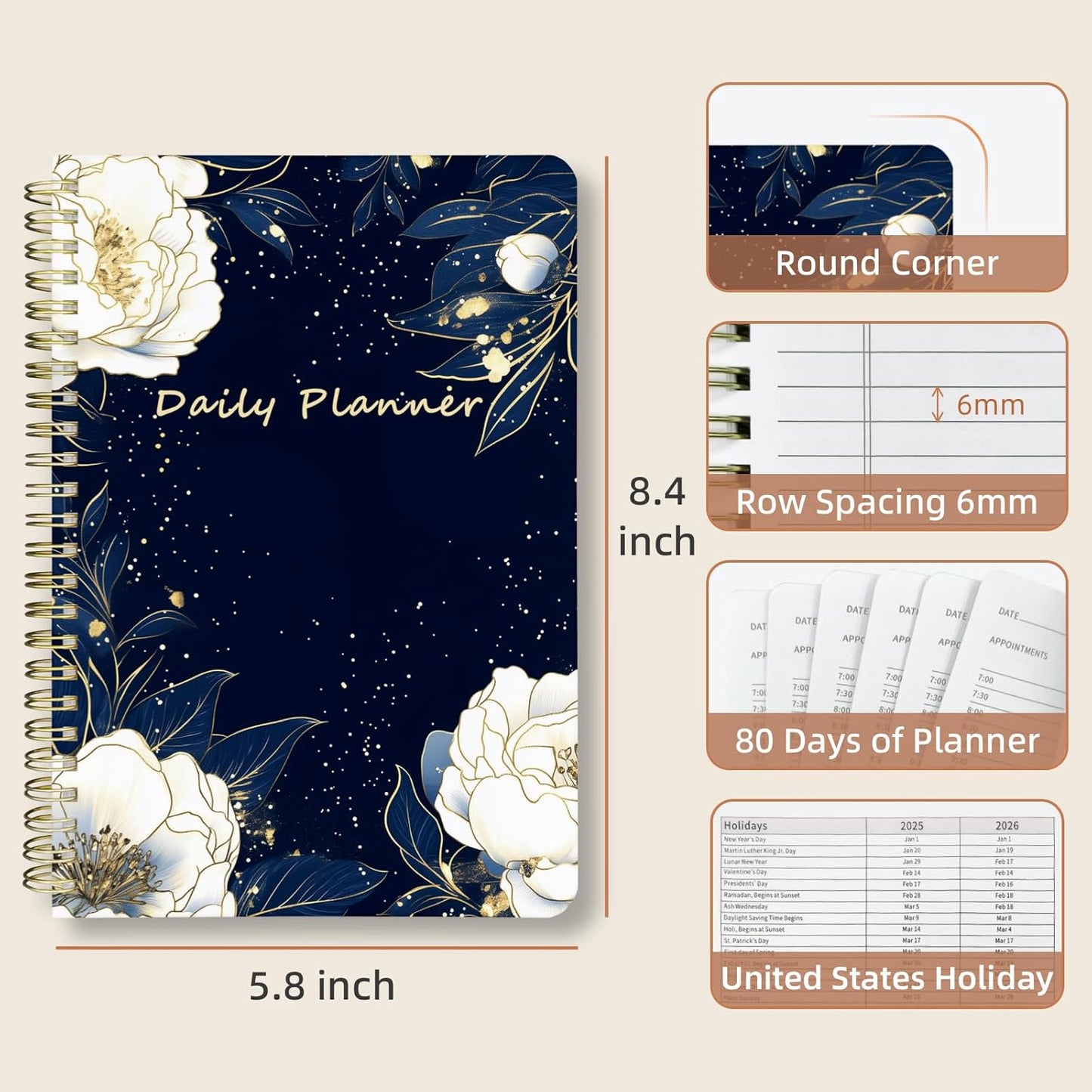 Undated Daily Planner - Spiral Notebook 80 Days One Day Per Page, Hourly Schedule, To-Do List, Notes, Everyday Planning Task, A5 Hardcover Journal Organizer Book Women Cute Aesthetic, Flower