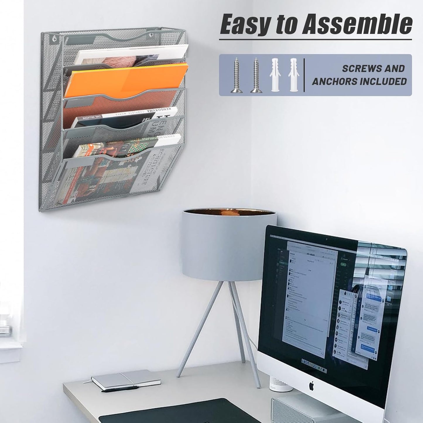 EASEPRES 5 Pocket Mesh Hanging Wall File Organizer, Wall Mounted Mail Paper Document Folder Holder, Clipboard Storage Organization Magazine Rack with Nametag Label for Office Home School, Gray