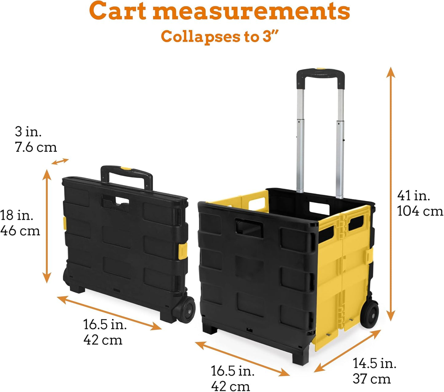 Inspired Living Ultra-Slim Rolling Collapsible Storage Pack-N-Roll Utility-carts, with Telescopic Handle, for Home, Garden, Shopping, Office, School use, Large, Yellow & Black