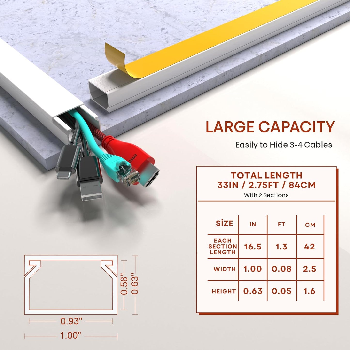 Cord Hider Wall Mounted TV - Wire Cover, Cord Covers, Cable Hider, 33 in Paintable White Raceway Kit, Hide Cords Wall Mount TV, Electrical Cords Concealer, Cable Management Channel, Wire Molding
