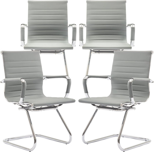 Office Desk Chair No Wheels Set of 4 PU Leather Computer Chairs Mid Back Guest Chairs for School Reception Conference Waiting Room, Grey