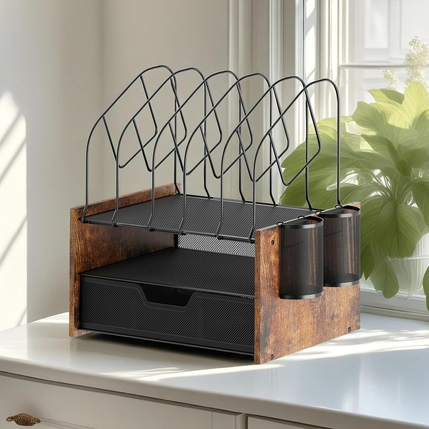 Wood Desk Organizer - 2-Tier Desktop File Organizer with Drawer with Vertical File Holder, Wooden Paper Tray, Office Desk Organzier and Accessories for Papers, Mail, Notebooks, Stationery