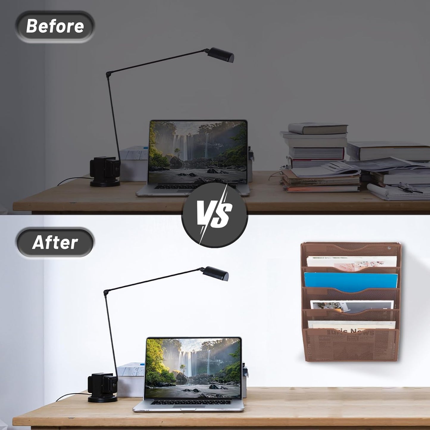 EASEPRES 5 Pocket Mesh Hanging Wall File Organizer, Wall Mounted Mail Paper Document Folder Holder, Clipboard Storage Organization Magazine Rack with Nametag Label for Office Home School, Brown