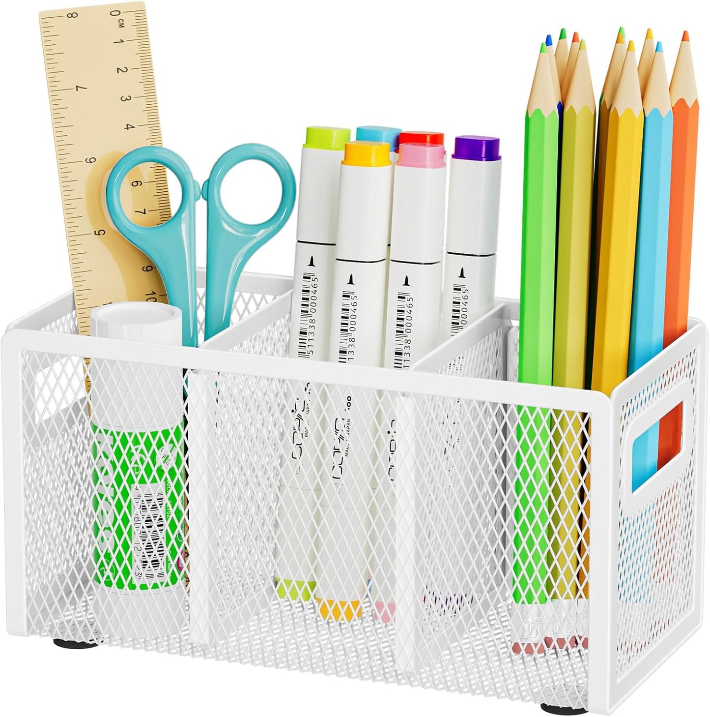 Marbrasse Mesh Pen Holder for Desk,Pencil Holder Desk Organizer 3 Adjustable Compartments,Pencil Cup with Handle Perfect for Classroom, Office, Home,Makeup,Art (White)