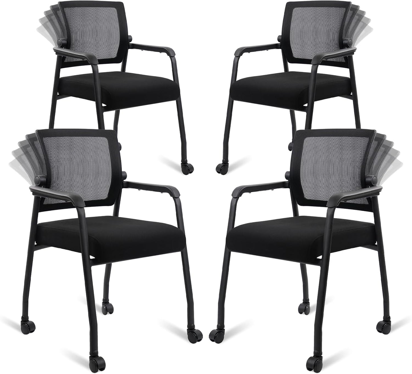 Waiting Room Chairs with Wheels, Adjustable Mesh Backrest, Desk Chair with Ergonomic Lumbar Support and Thickened Seats Cushion, 4 Pack Black