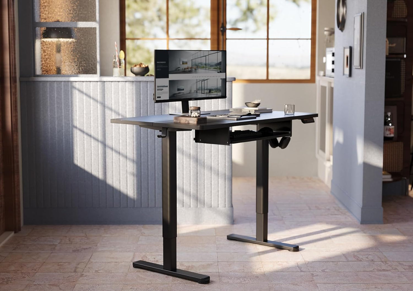 YDN Standing Desk, Height Adjustable Computer Desk with Keyboard Tray, 48 Inch Black Ergonomic Desk for Home Office and Gaming