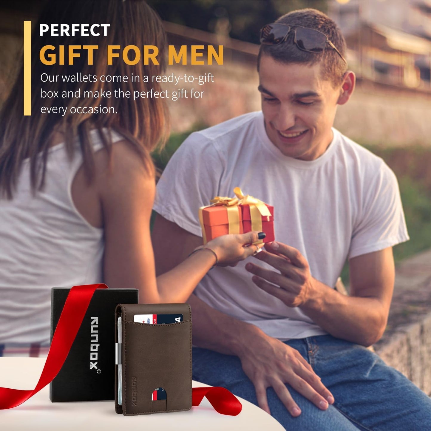 RUNBOX Money Clip Slim Wallets for Men RFID Blocking 11 Card Holder Minimalist Small Leather Bifold Men's Front Pocket Wallet Gift Box