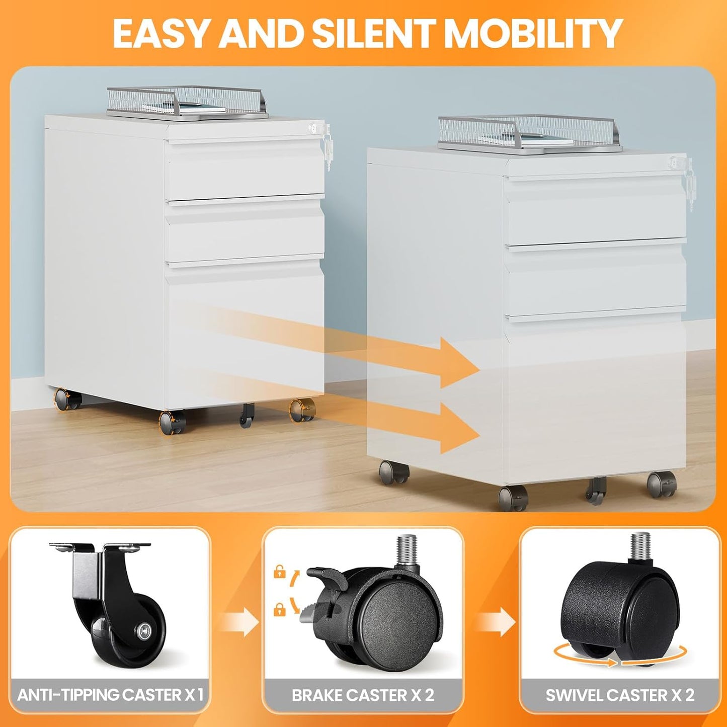 3 Drawer Mobile File Cabinet with Lock, Rolling File Cabinets for Home Office, Under Desk Small File Caninet on wheels, Metal Vertical White Filing Cabnet for Legal/Letter/A4 - Assembly Required