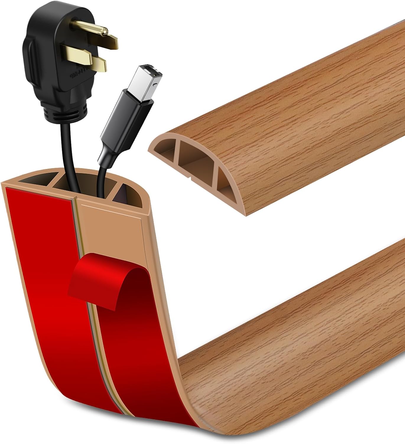Floor Cord Cover Self Adhesive Cord Hider Floor Extension Cord Covers for Floor Power Cord Protector Cable Management Prevent Cable Trips Cable Cavity 0.51" W x 0.31" H (Light Brown Wood, 3.3Ft)