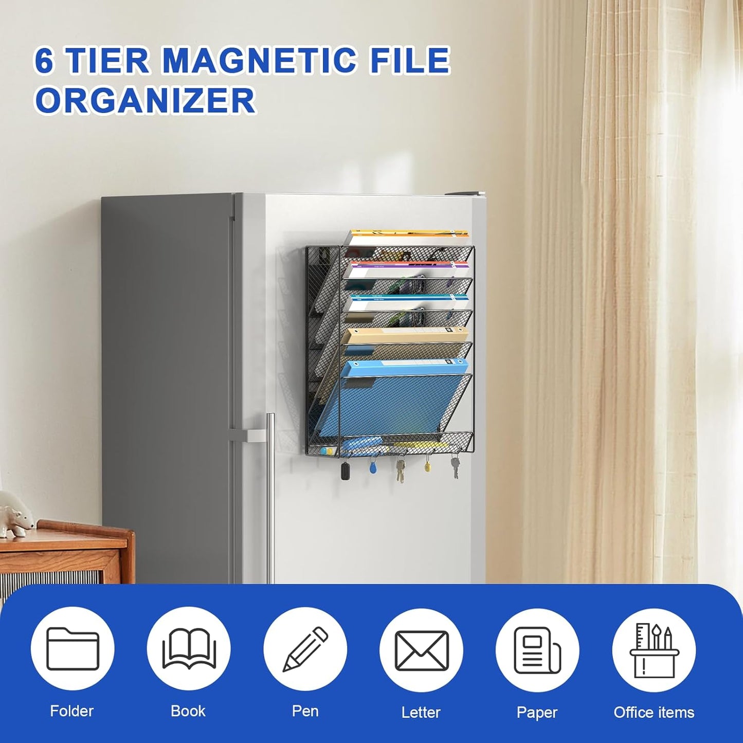 samstar Magnetic Wall File Holder, 6-Tier Hanging Wall File Organizer Wall Mount Paper File Folder Mail Organizer for Office/School, Magnetic