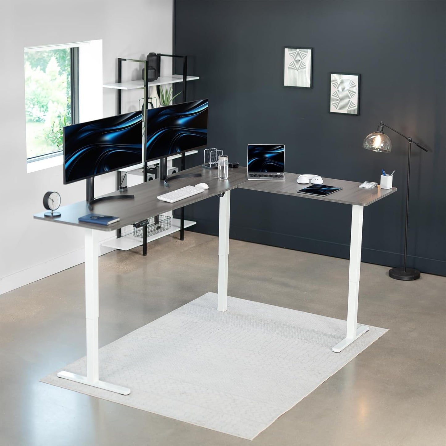 VIVO Electric Corner L-Shaped 84 x 63 in Standing Desk, Memory Height Adjustment, Dark Gray Top White Frame, DESK-E3CTWG-84